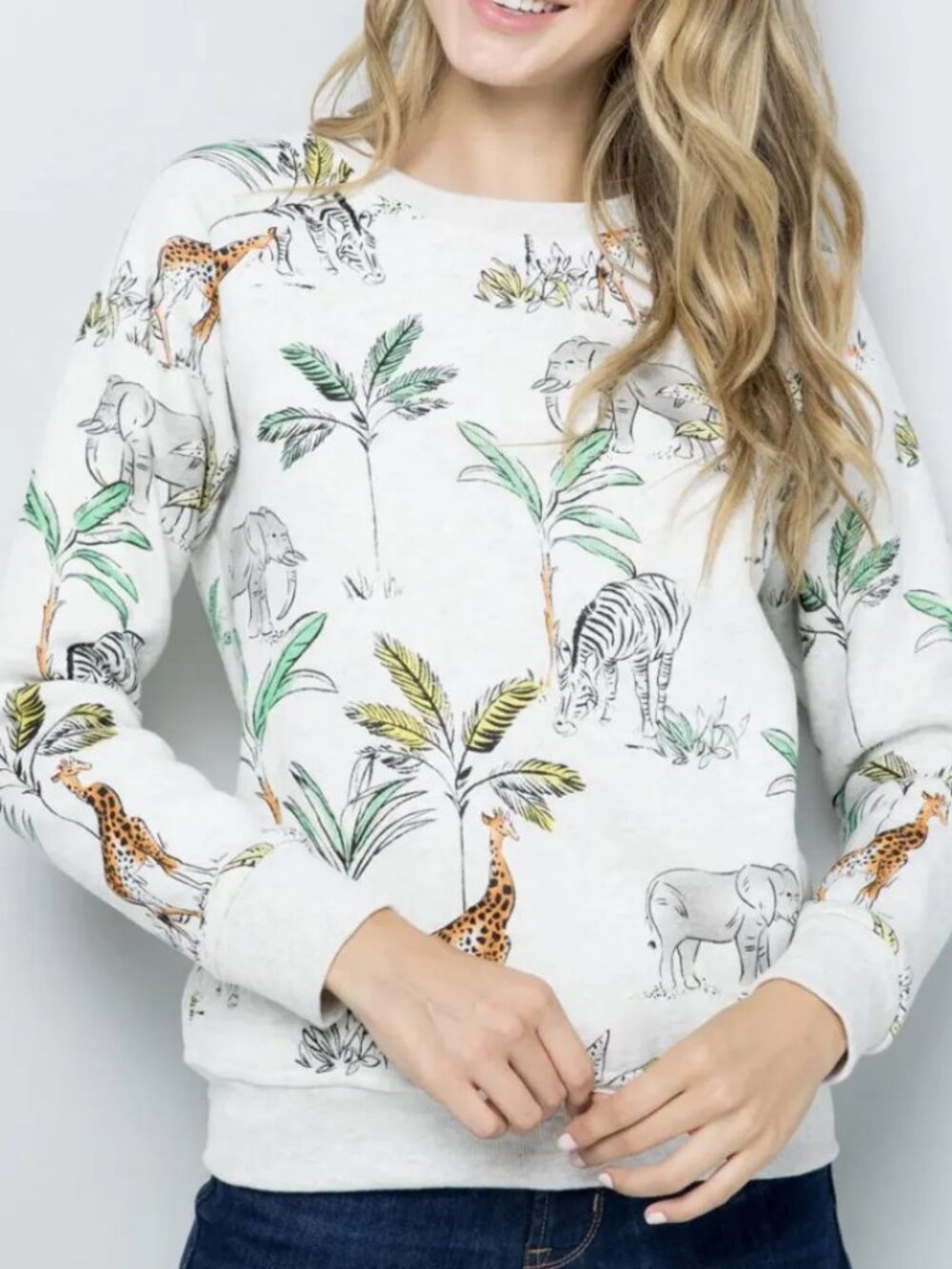 LA Soul White Tropical Safari Print Cotton Blend Crewneck Sweatshirt